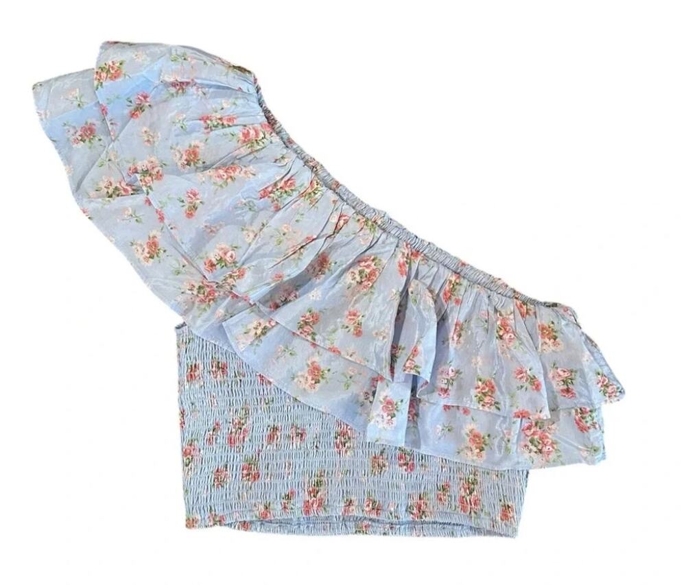 Abercrombie & Fitch Floral Smocked Off-The-Shoulder Ruffle Crop Top Blue XL